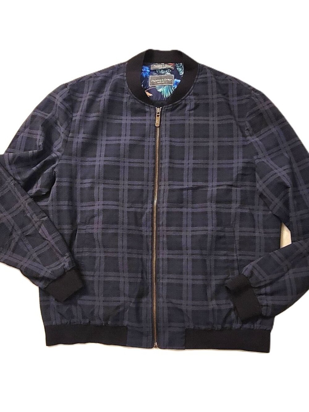 Paisley & Gray Bomber Jacket Mens XL Slim Fit Navy Gray Plaid